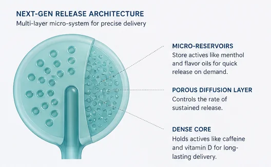 Cutaway of a teal disc showing micro-reservoirs, a porous diffusion layer and a dense core